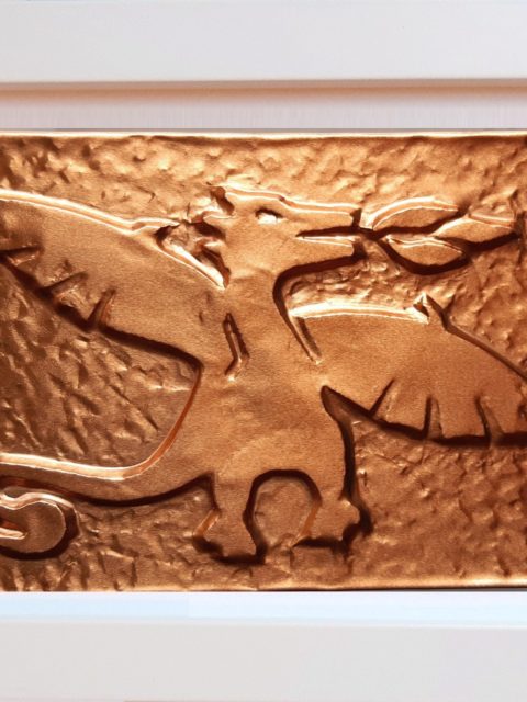 Drago volante - rame in cornice bianca, cm 20 x15