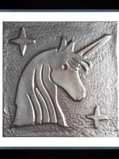 Unicorno - alluminio in cornice nera cm 25 x 25